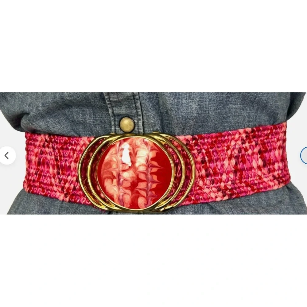 Vintage 80s Pink Woven Cinch Belt S Gold Overlap Circle Swirl Resin Buckle EUC